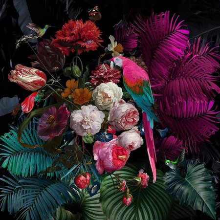 Glasschilderij bloemen en papegaai