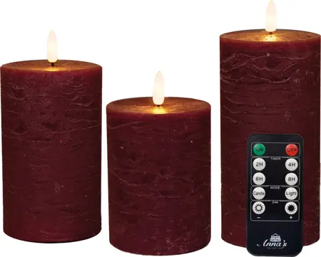 LED kaars oplaadbaar bordeaux set van 3 - Ø7,5 cm - afbeelding 1