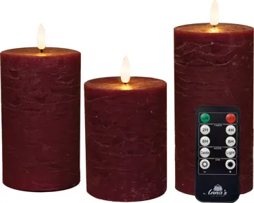 LED kaars oplaadbaar bordeaux set van 3 - Ø7,5 cm - afbeelding 1