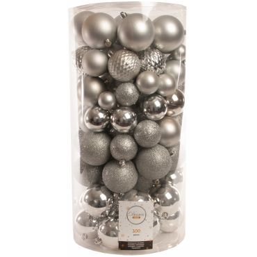 Kunststof kerstballen gemixt zilver