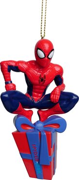 Marvel kerstornament Spiderman op een cadeautje